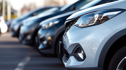 Close-up view of a silver car's front end, parked among other vehicles in a row at a dealership or parking lot, showcasing its modern design and sleek headlights. : Generative AI