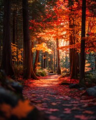 Fototapeta premium Sun-drenched forest pathway covered in bright red and orange maple leaves golden sunlight filtering through tree canopy, serene autumn trail, warm tones