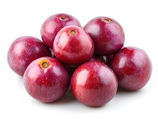 A vibrant pile of fresh ripe plums sits on a pristine white background perfect for food blogs and websites.