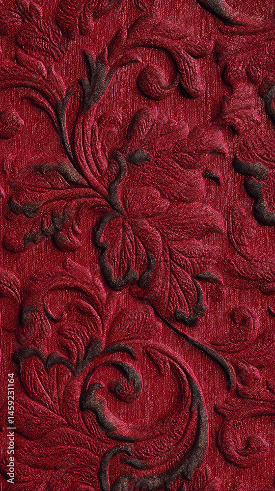 Poster Close-up of dark-red textured fabric with embossed floral pattern, creating a rich and detailed appearance, showcasing elegance and sophistication, ideal for background or design