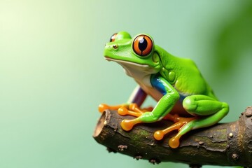 Naklejka premium Green tree frog, perched on white, vibrant color , pure white, green frog, green