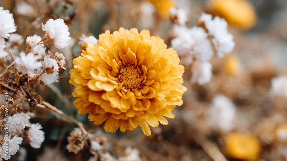Poster a stunning yellow daisy stands out against a backdrop of wilted white flowers, creating a beautiful 