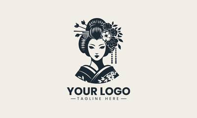 Traditional geisha with floral hair accessories in black and white portrait vector logo