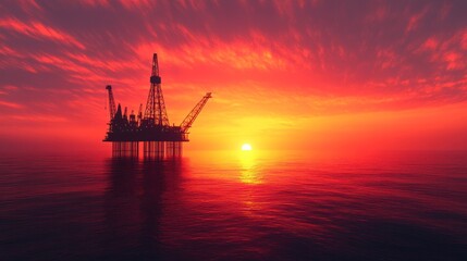 Obraz premium Offshore oil rig silhouette at sunset red sky calm ocean