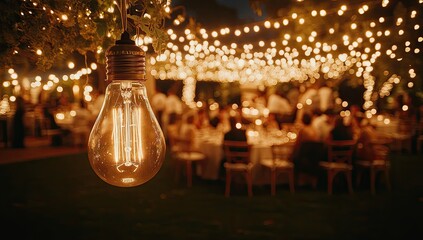 Warm, glowing vintage light bulb hangs over a garden party at night.  Softly lit outdoor reception with string lights and many people