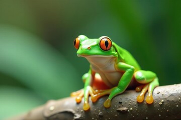 Green tree frog perched on white, vibrant skin, studio shot, amphibian, wildlife