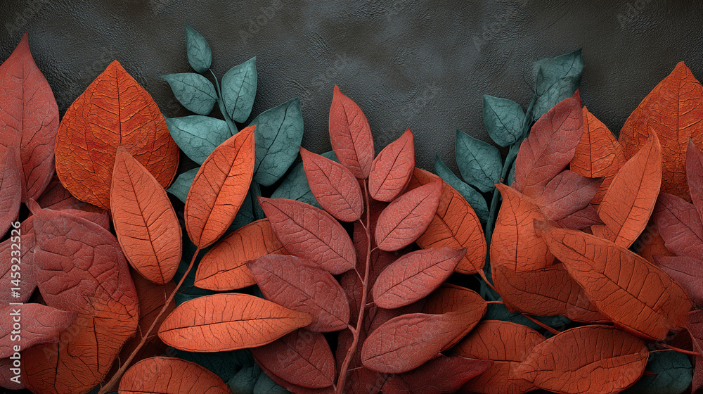 Poster close-up of red and teal leaves with textured surface, arranged symmetrically against a dark gray ba