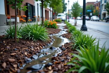 Green Infrastructure: Urban Roadside Rain Garden with Local Plants, Organic Mulch, and Visible Water Retention After Rainfall for Ecological Benefit