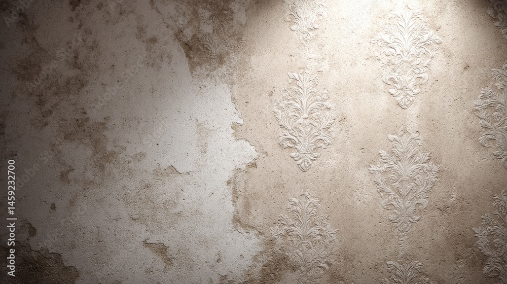 Poster Close-up view of dark textured wallpaper with baroque patterns, softened by low-key lighting and shadows, offering a suitable space for text or design