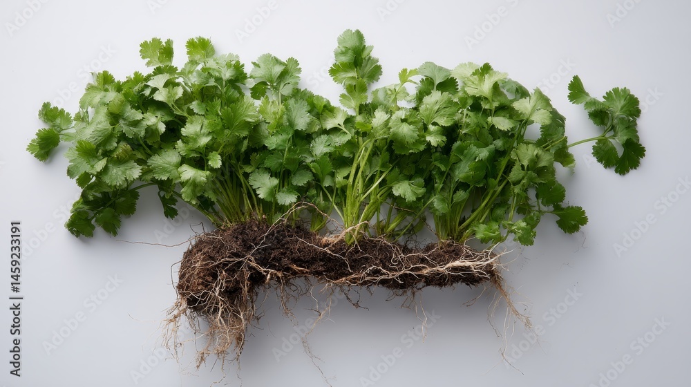 Aufkleber fresh cilantro with roots is artistically displayed on a matte white surface, emphasizing its vibran