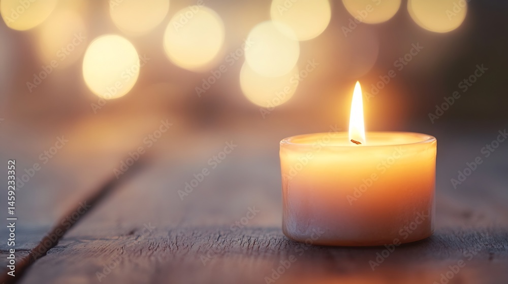 Leinwandbilder a single, lit candle rests on a rustic wooden surface, softly illuminated by a bokeh of warm, golden