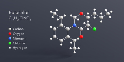 butachlor molecule 3d rendering, flat molecular structure with chemical formula and atoms color coding