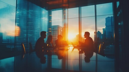 Fototapeta premium Silhouetted professionals meeting at boardroom table bathed in vibrant sunset light