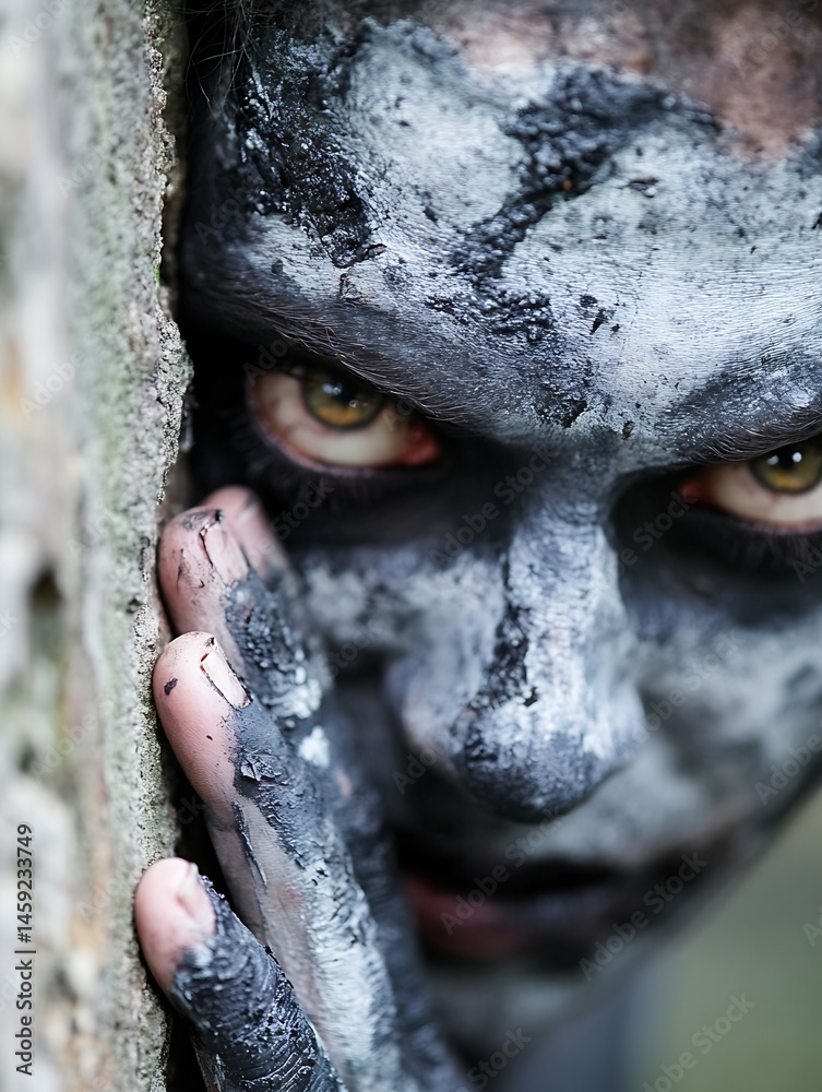 Poster Close-up portrait of a person with grey and black paint on their face and hands, peering from behind a tree trunk, creating a mysterious and intense mood. : Generative AI