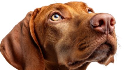 Loyal Gaze: A close-up shot of a dog, head tilted upwards, looking intently at something unseen, with striking brown fur and a focused expression.