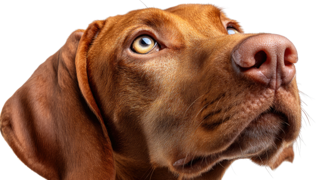 Loyal Gaze: A close-up shot of a dog, head tilted upwards, looking intently at something unseen, with striking brown fur and a focused expression.
