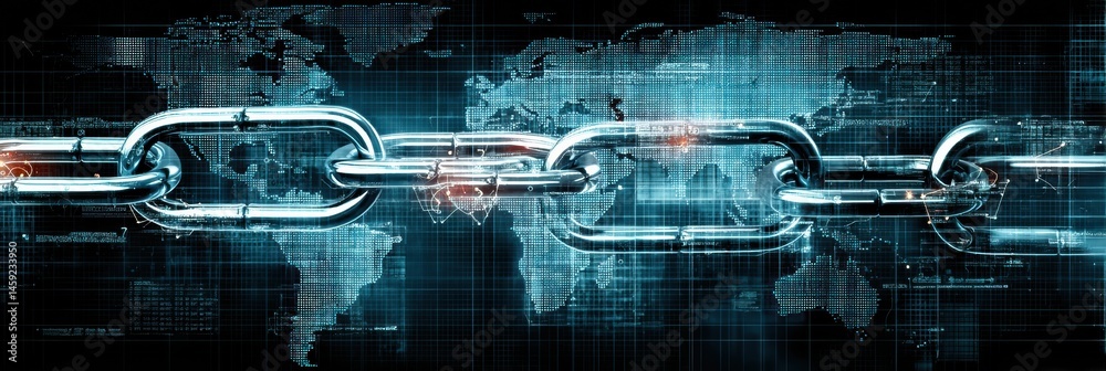 Poster World Map Illustrating High-Tech Connectivity With Chains Symbolizing Locked Routes Between Continents Generative AI