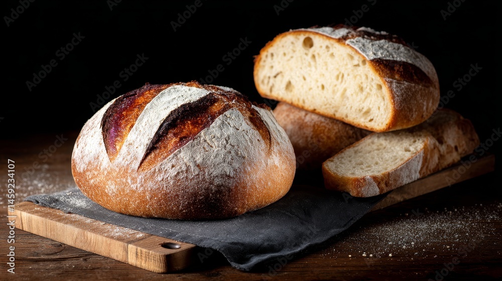 Poster Artisan bread loaf with deep score marks, sliced open to show its soft interior, resting on a weathered oak board—ideal for rustic culinary displays
