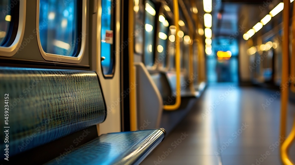 Leinwandbilder empty train carriage interior, showcasing teal patterned seats and yellow handrails, with blurred ba