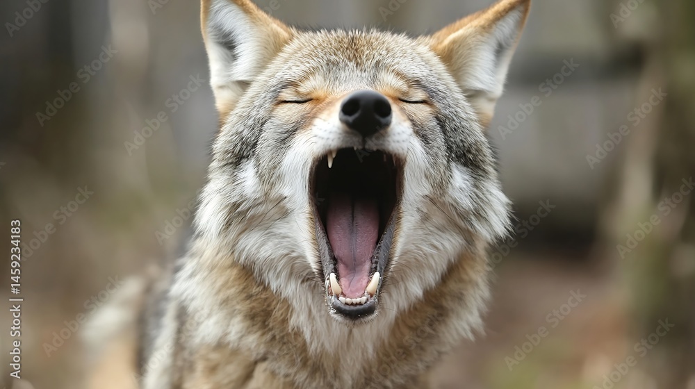 Aufkleber close-up portrait of a coyote yawning, showcasing its sharp teeth and textured fur against a blurred