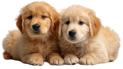 Golden Retriever Puppies: Two adorable golden retriever puppies, one light and one darker shade of golden, sit side-by-side, their big puppy eyes and fluffy fur radiating warmth and cuteness. 