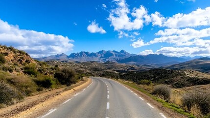 Naklejka premium A scenic asphalt road winds through a mountainous landscape under a vibrant blue sky dotted with fluffy white clouds, offering a breathtaking view of the majestic peaks in the distance : Generative AI