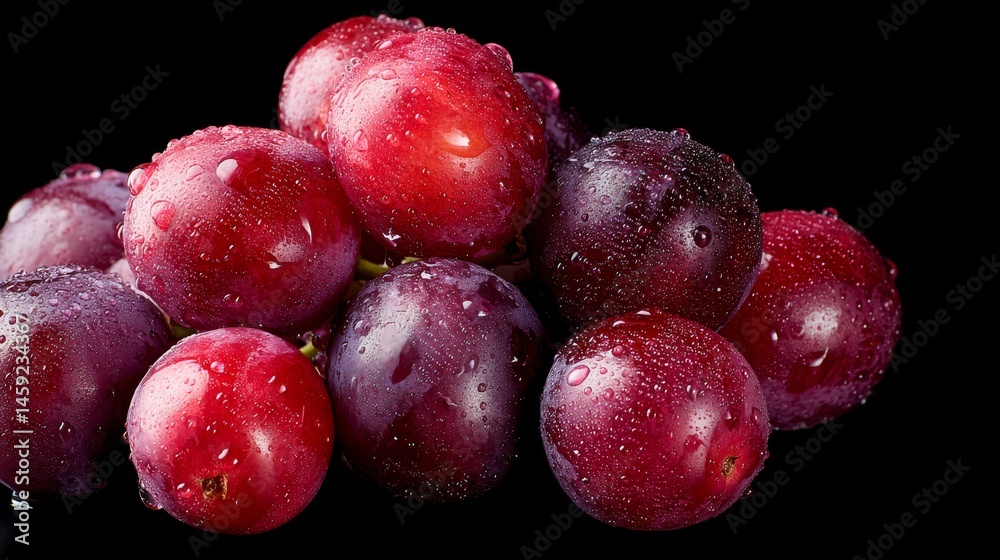 Poster A cluster of fresh grapes with vibrant colors showcases water droplets, illuminated softly against a black backdrop, creating an inviting and elegant atmosphere