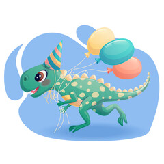 Cute dinosaur is running with balls. Charming prehistoric animal, a tyrannosaurus in a festive hat. Isolated vector illustration for design, prints and patterns