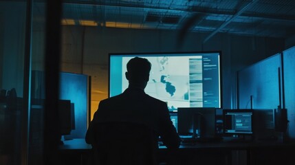 Fototapeta premium Analyzing Global Data: Silhouette of a Person Working with Complex Computer Systems