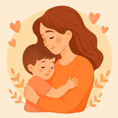 Warm illustration of a mother hugging her child. Concept of love, care, and family values. A sweet moment of maternal tenderness in soft pastel colors, perfect for Mother’s Day, parenting, childhood.