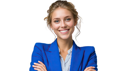 Confident Businesswoman: A stylish and self-assured businesswoman radiates confidence and warmth, her elegant blue blazer, professional demeanor and a captivating smile.
