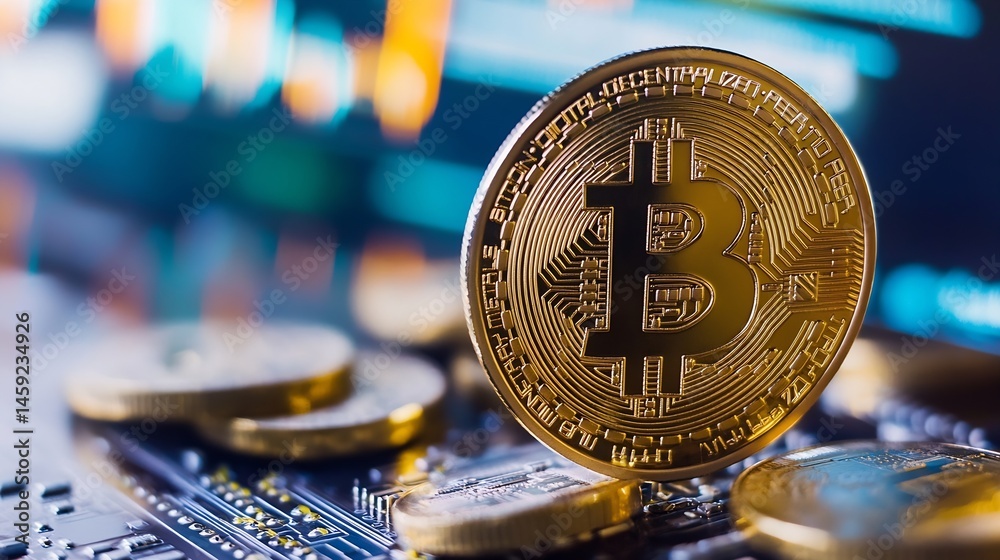 Fototapete Close-up of a golden bitcoin cryptocurrency coin standing on a circuit board, with a blurred background showing a digital currency exchange chart. : Generative AI