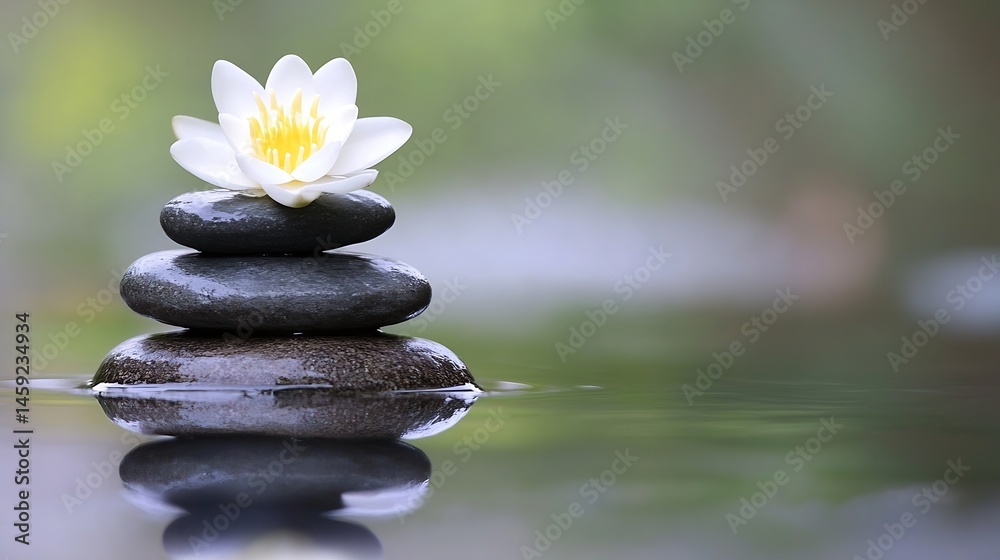 Aufkleber serene water lily blossom atop a balanced stack of smooth, dark grey stones, floating gently on calm
