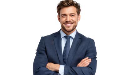 Confident Professional in Business Suit: A handsome professional, exuding confidence, smiles warmly while posing in a tailored business suit, reflecting success and approachability.
