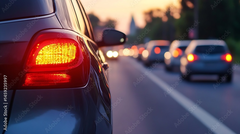 Poster Close-up view of a car's illuminated taillight during twilight, with blurred traffic in the background, suggesting a journey or commute. : Generative AI