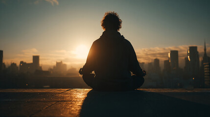 Back view of someone practicing yoga or meditating on a roof near the city