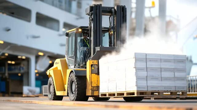 Team loading perishables into refrigerated container at morning dock