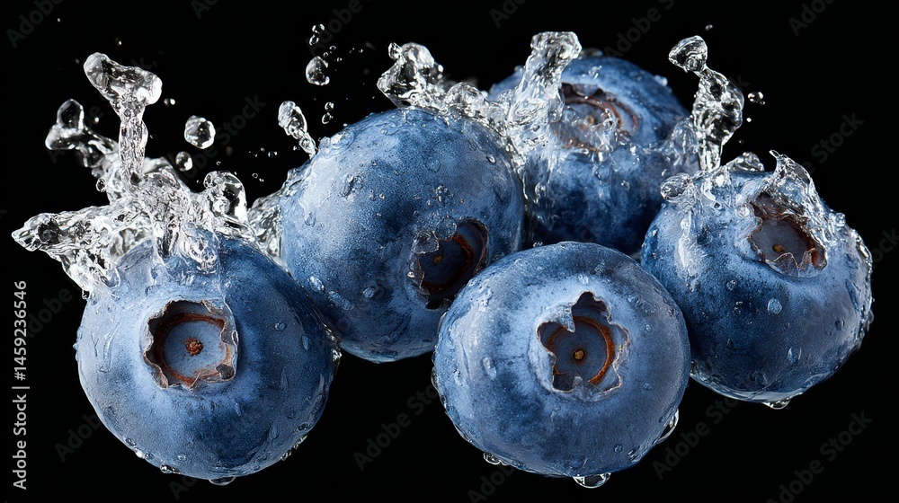 Poster blueberries are captured in a vibrant close-up, splashing with water droplets around them, highlight