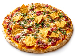 A delicious gourmet pizza topped with melted cheese, crispy tortilla chips, and savory herbs is ready to eat.