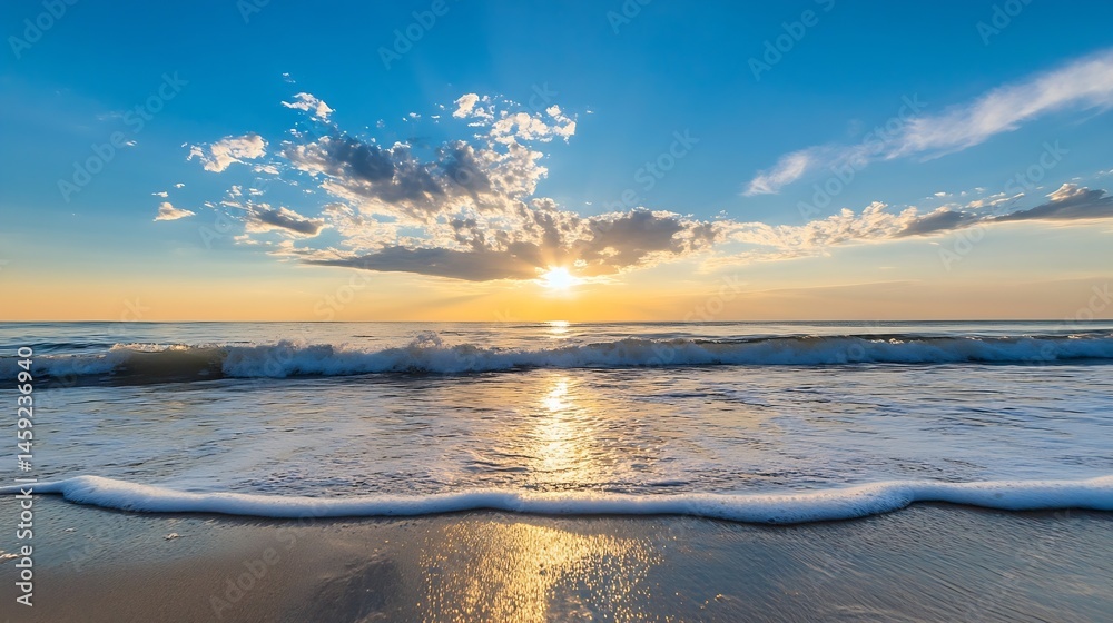 Poster serene sunrise over ocean waves gently lapping the sandy shore, creating a tranquil beach scene with