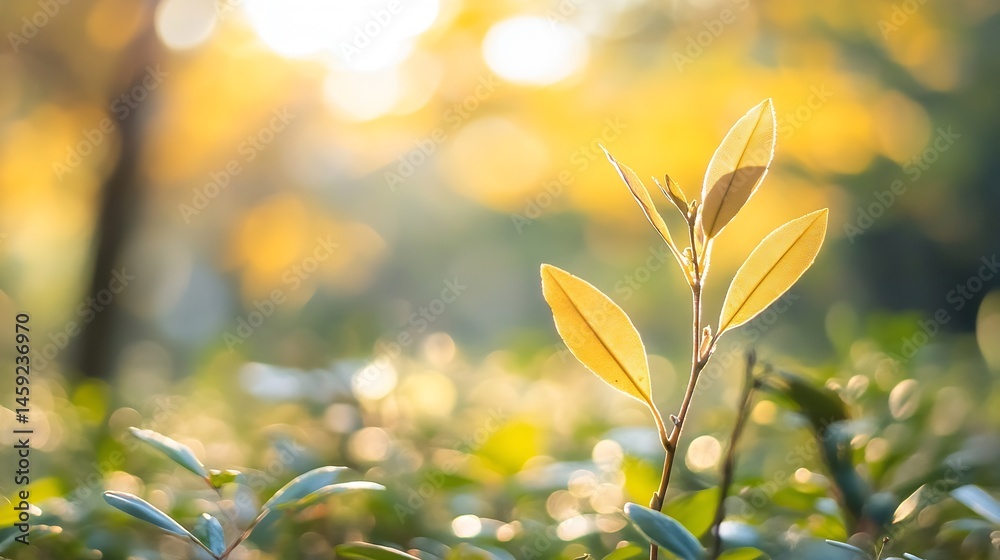 Poster golden leaves illuminated by sunlight in a blurred garden setting, creating a serene and peaceful at