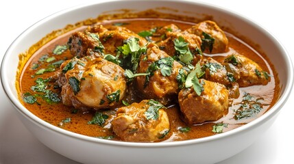 A delicious and aromatic chicken curry in a white bowl is ready to be served as a flavorful meal.