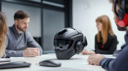 Team discussion around advanced helmet technology, exploring futuristic innovations