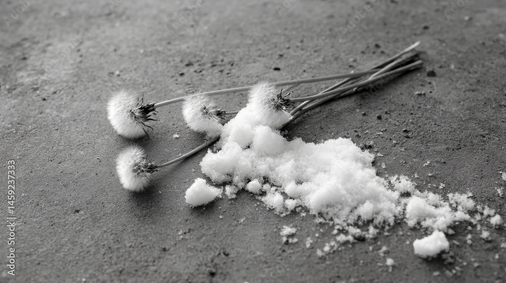 Poster fragile dandelion heads lie partially buried in fresh snow, showcasing delicate details of nature's 