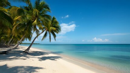 Obraz premium Lush palm trees casting shadows on a pristine tropical beach with turquoise waters