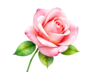 Fototapeta premium Elegant watercolor painting of a single, delicate pink rose with green leaves on white background , aesthetic, illustration