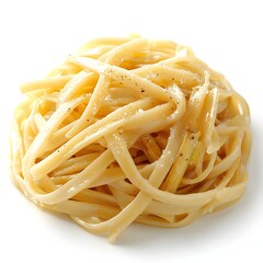 A delectable serving of creamy pasta aglio e olio is presented on a pristine white background, perfect for food blogs and culinary publications.