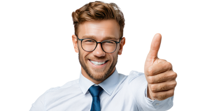 Thumbs Up Confidence: A confident and friendly man, adorned with spectacles and a smart tie, expresses approval with a decisive "thumbs up" gesture, exuding a sense of assurance and positivity.