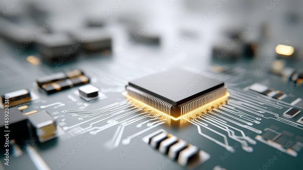 Poster An intricate circuit board glows with blue and yellow components, showcasing tech details and space for extra text or design elements