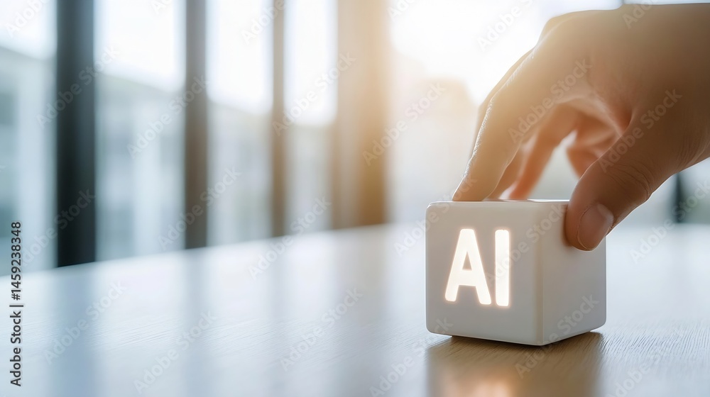 Poster A hand gently pushes a white cube with illuminated 'AI' lettering, symbolizing artificial intelligence integration into modern technology and business. : Generative AI